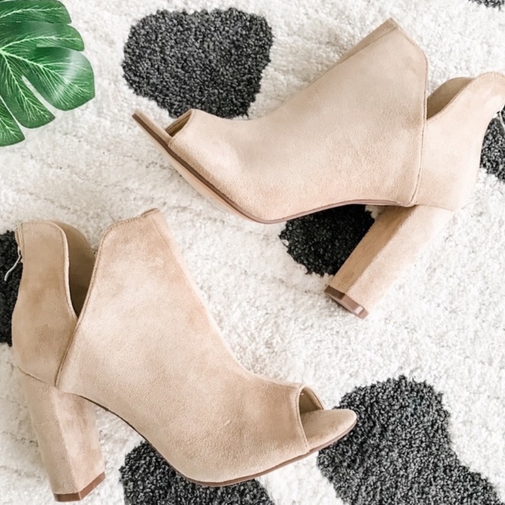 5⭐️/PAULINE/ Taupe Open Toe Suede Heeled Booties